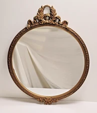 Antique NURRE Round Carved Floral Gilt Gesso Wood Mirror W/Orig Sticker 26X32
