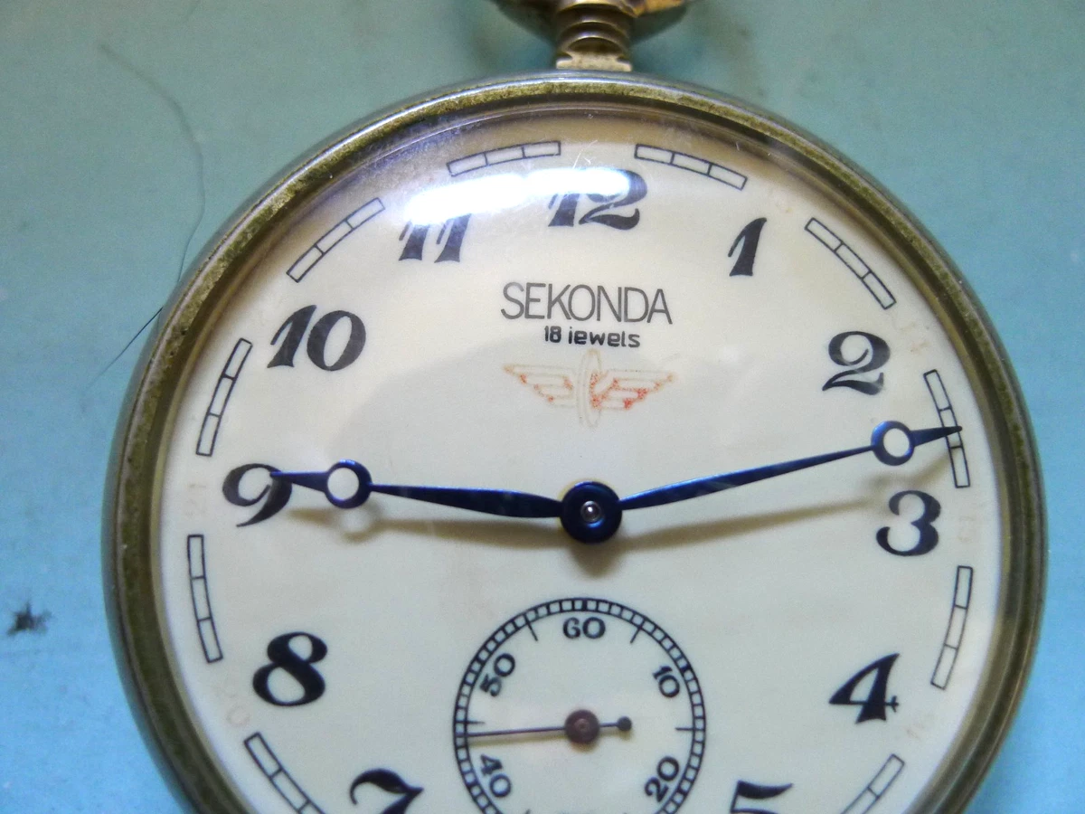 Reloj Bolsillo Sekonda URSS 18J Ferrocarril Níquel. 50mm.. Viento manual. Funcionando. En muy buena condición
