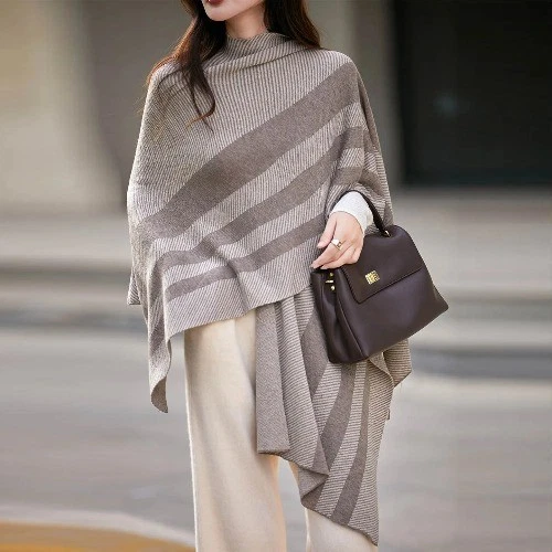 Winter New Style Women's Woolen Shawl Color Block Cashmere Cloak Cowl Neck
