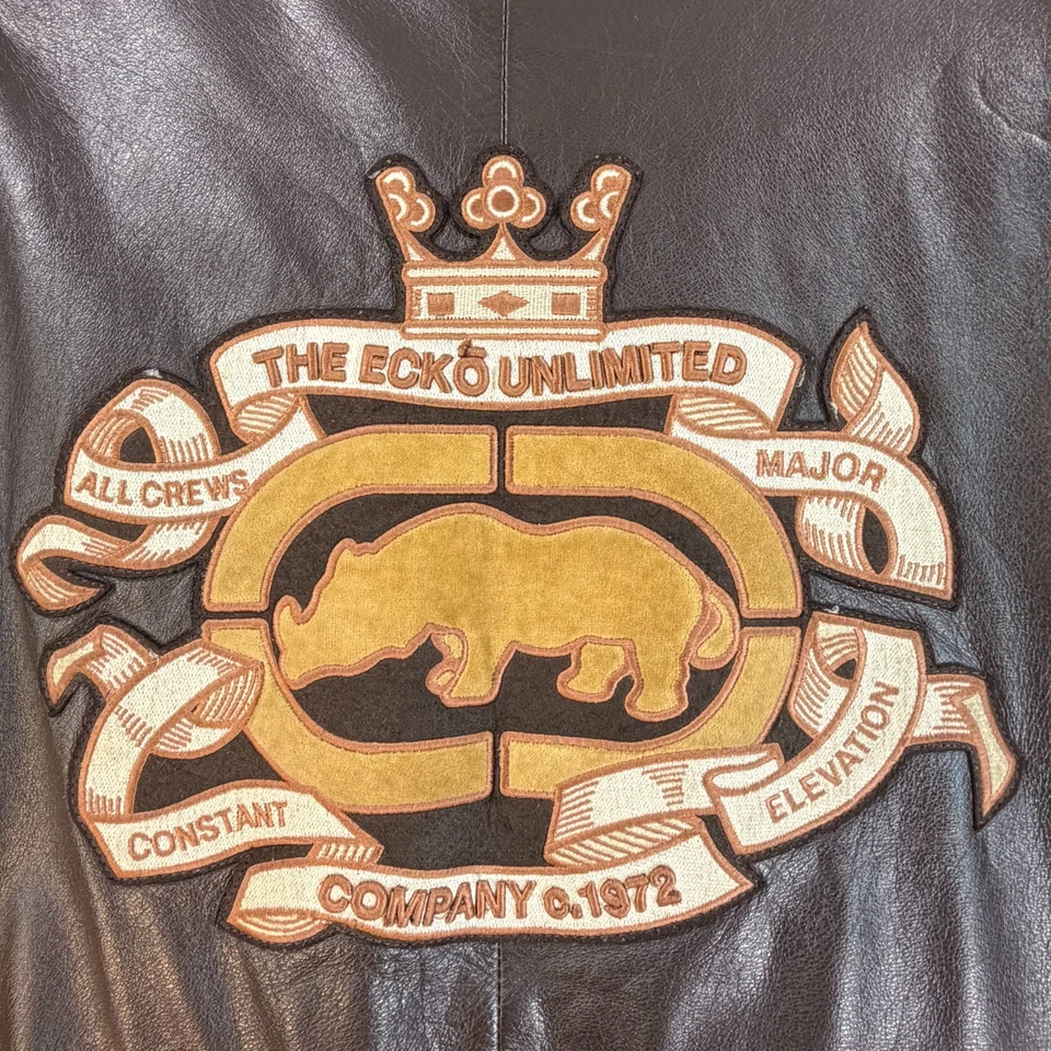 Chaqueta Bomber Ecko Unltd Cuero 2XL Marrón USMC Parche Bandera Y2K Hip Hop Moto Foto 2 de 4