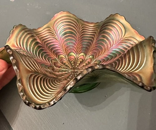Vintage Fenton Peacock Tail Carnival Glass Ruffled Bowl Iridescent Finish 6”