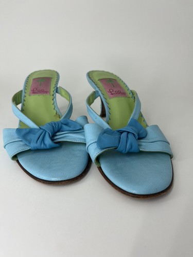 Vintage Y2K Lilly Pulitzer Baby Blue Leather Kitten Heel Bow Sandals Size 6.5 - Picture 2 of 7