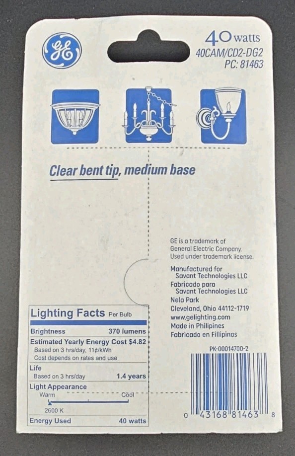4 GE Light Bulbs 40Watts Bent Tip Crystal Clear Medium Base. (2 - 2packs)
