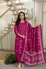 Beautiful Cotton Fabric Printed Kurti Paired With Pant And Dupatta Set