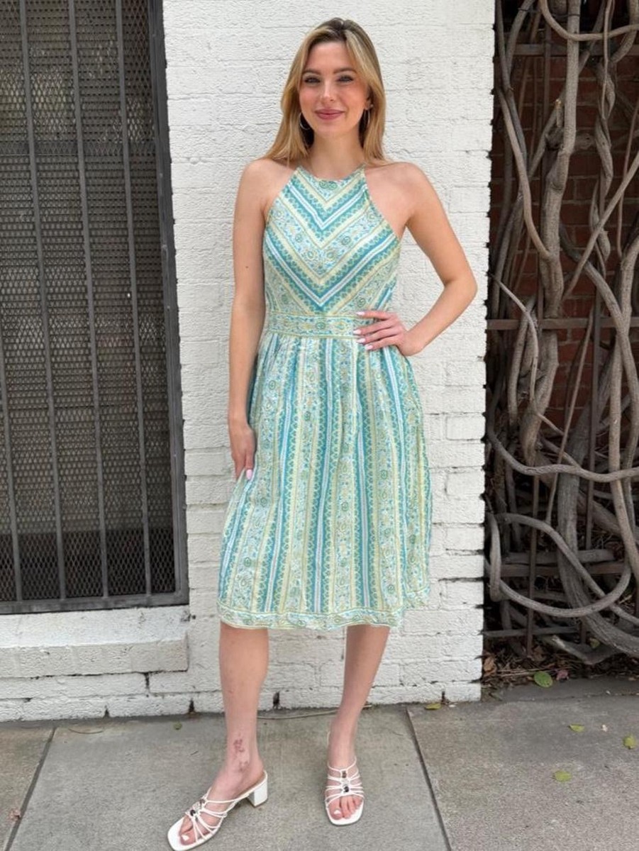 Ann Taylor Blue Green White Paisley Fit & Flare Halter Lined Dress Size 4