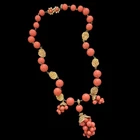 Vintage Miriam Haskell Gold & Coral Color Bead Grape Tassle Drop Necklace