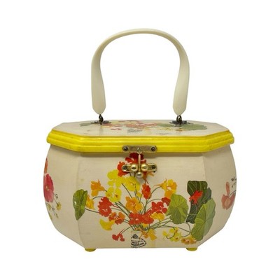 Vintage 1975 Wooden Floral Decoupage Octagon Box Purse Lucite Handle Signed