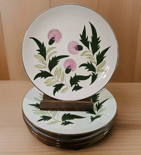 5 VTG 1950s STANGL "Thistle" Dinner Plates, Hand Carved-Painted-Signed, Preowned