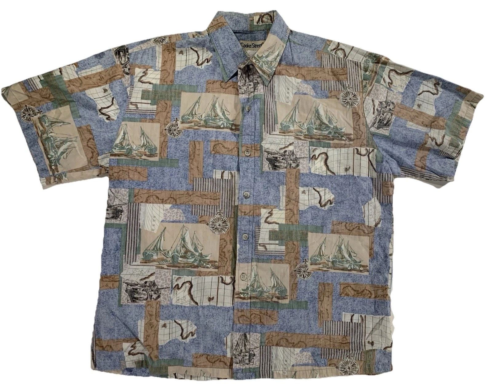 Cooke Street Honolulu Hawaiian Colorful Sailing Mens Short Sleeve Shirt L