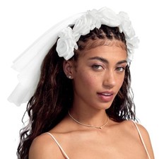 White Rosette Tulle  Pearl Bridal Headband Veil  Bachelorette Party Hairpi...