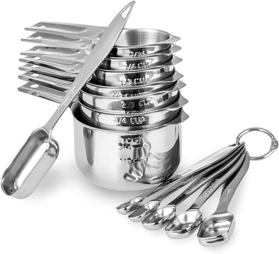 13PC Stainless Steel Measuring Cups & Spoons Set Heavy Duty Ergonomic Silver