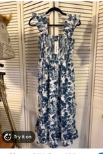 The Drop NWT Sundress Womens XXL Blue White Floral Smocked Cottagecore Midi A7