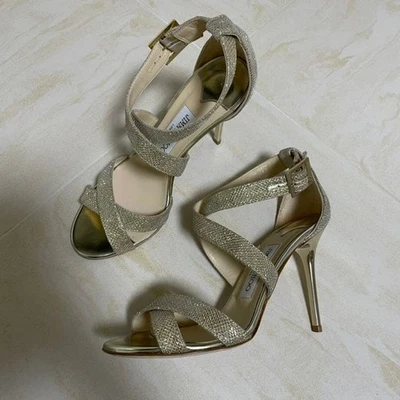 Sandales À Talons Mules Pumps JIMMY CHOO Femme 37 1/2 Or Pailleté Avec Boîte - Photo 1/4