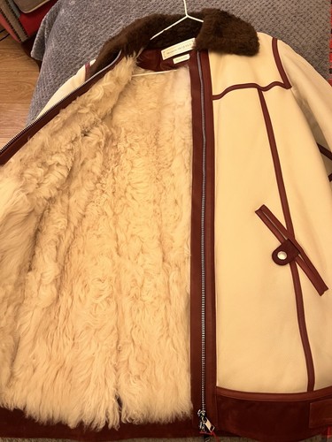 Alexander McQueen Shearling Coat Leather Ivory Wine Red Size 46 XL New & Tags - Picture 10 of 12