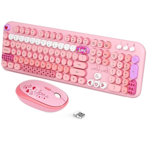 Wireless Keyboard and Mouse Combo, 104 Round Keys Full-Size Cute Colorful Pin...