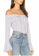 Free People Off-the-Shoulder Boho Striped Button Up Bell Sleeve Top size XS
