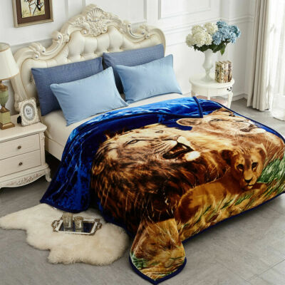 Lion & Dolphin Printed Blanket 2 Ply Thick Plush Warm Soft Korean