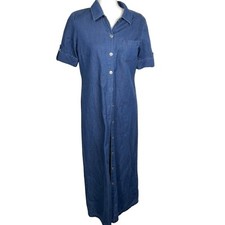 Talbots Shirt Dress Women 8P Blue Denim Roll Tab Sleeve Button Midi Casual