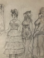 Very beautiful drawing woman at the museum in front of a cubist painting pencil to identify