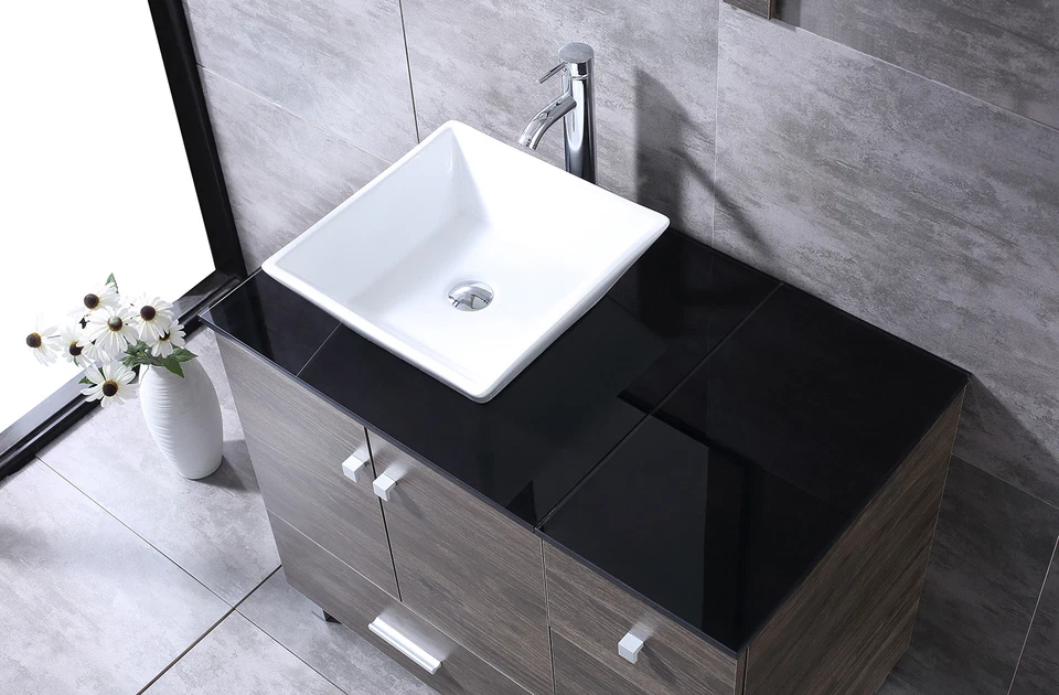 Mueble individual tocador de baño de 36 pulgadas 4 fregaderos de cerámica con juego de tapa de vidrio negro marrón Foto 4 de 4