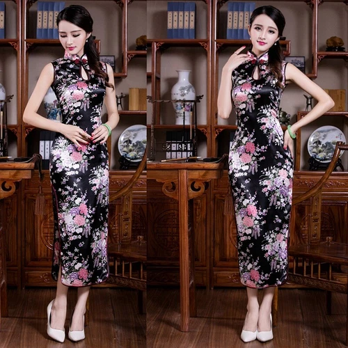 Chinese Sexy Women's Silk Satin Peacock Qipao Evening Dress Long Cheongsam S-2XL - Picture 19 of 27