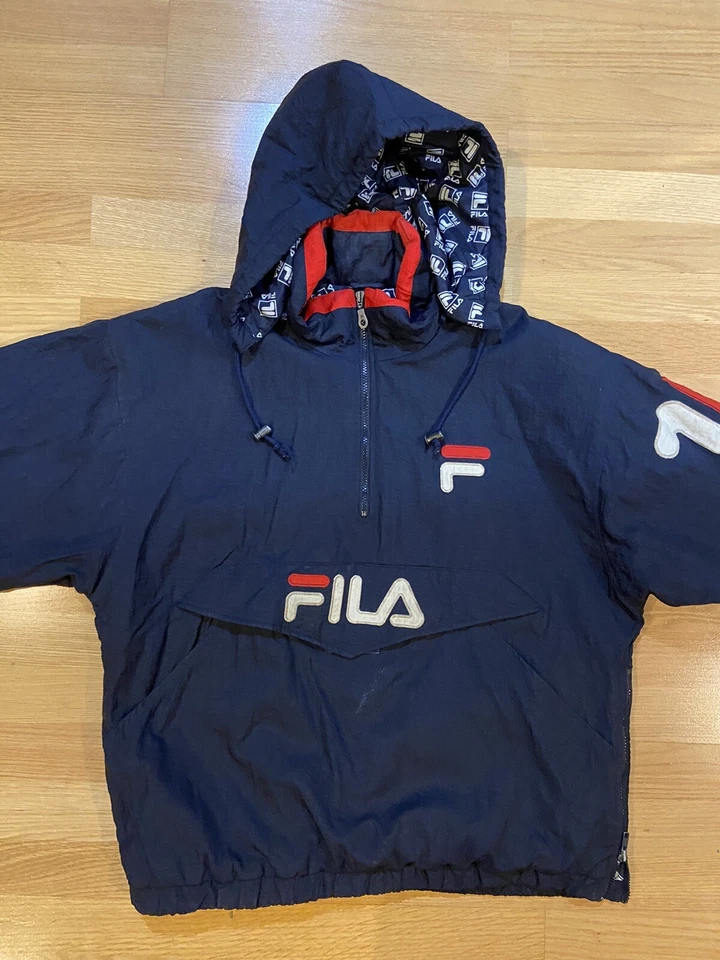 Chaqueta acolchada pulóver FILA 90 vintage para hombre 1/4 cremallera talla L logotipo deletreado azul Foto 2 de 4