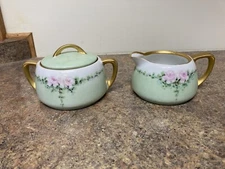 RS Germany creamer and sugar, pink and green, gold rim