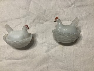 Two Vintage Hen Salt Cellars White