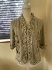 USED CHANEL DECORATED GRAY THREE-QUARTER SLEEVE CARDIGAN SIZE 40 WITH SOME DEF