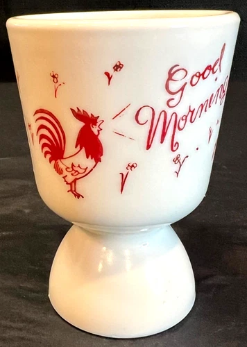 Vtg Hazel Atlas Indiana Milk Glass Egg Cup Good Morning Rooster 4” Tall