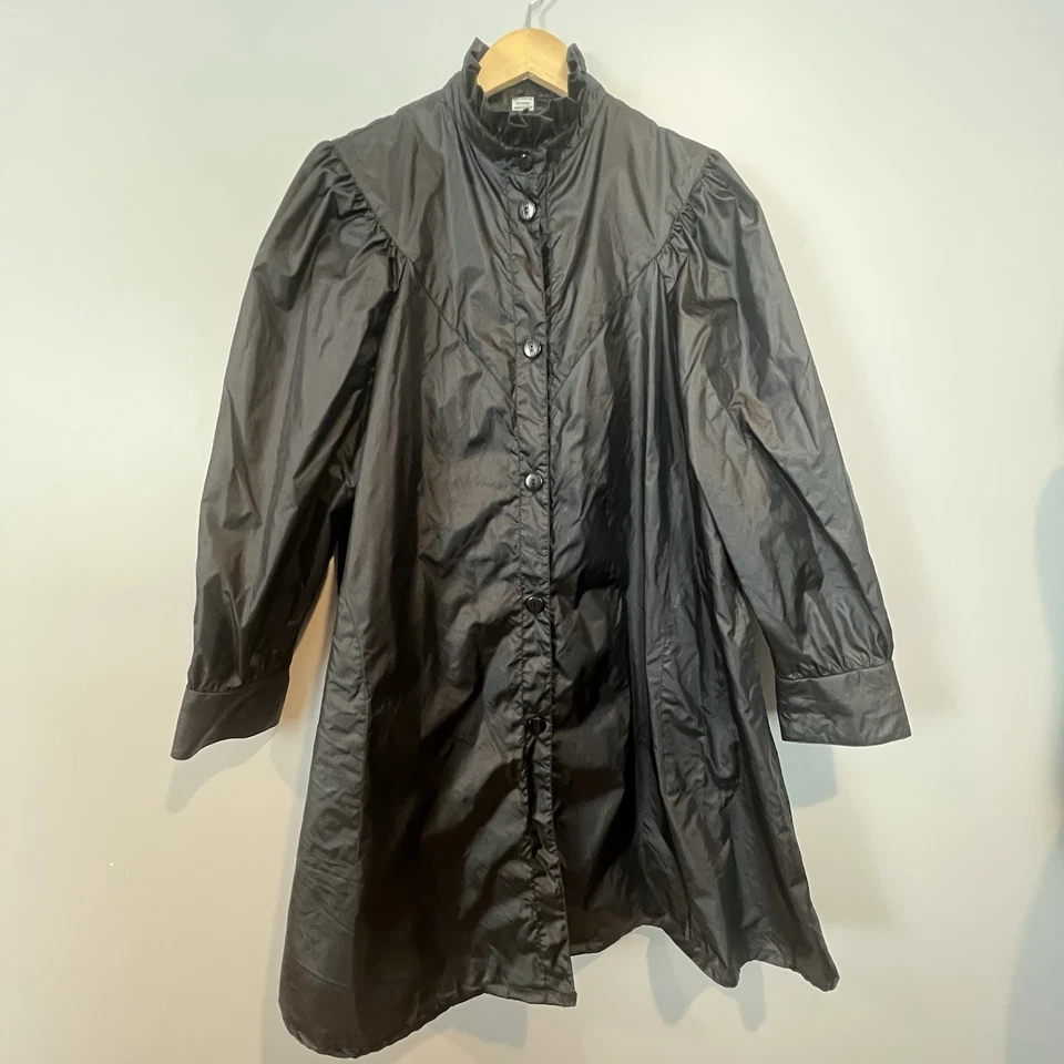 Totes Black Gothic Raincoat Womens Size 14 Ruffle Neck Puff Shoulder with Belt - Image 2 of 4