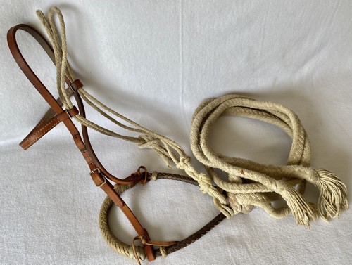 NICE Complete Smooth Braided Leather Bosal Bridle Set~1" Braided Split REINS