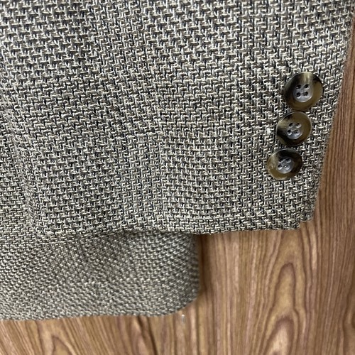 Haggar men's 42L green, black, and beige textured plaid coat with three brown buttons on front.