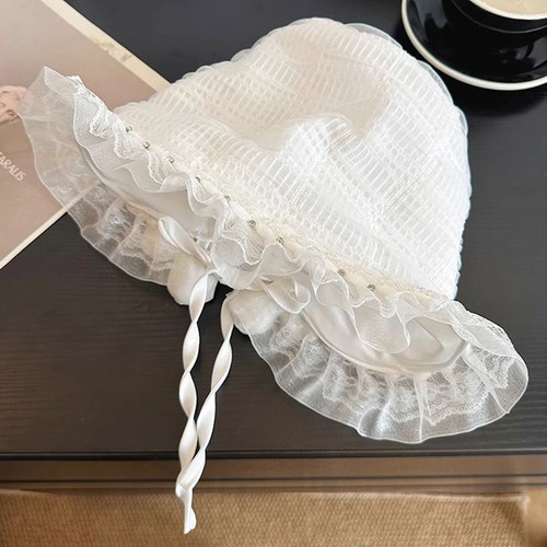 Lolita Fisherman Hat White Visor Basin Cap Korean Lace Bucket Hat Travel - Picture 12 of 14