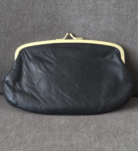 Vintage Black Coin Purse Kiss Lock Wallet Gold Tone Hardware Leather 1960s