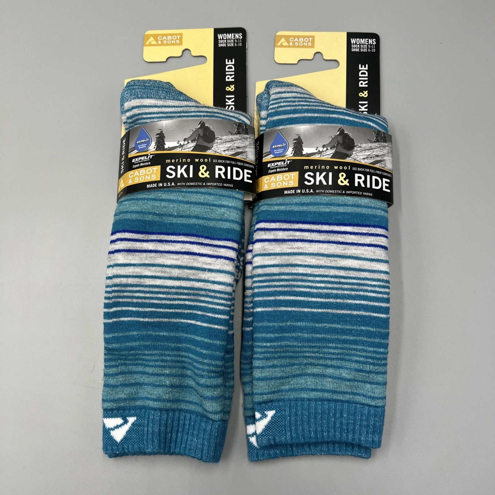 2 Pairs! Cabot & Sons Women's Merino Wool Ski & Ride Socks, Aqua, Shoe Size 6-10