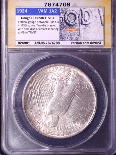 1924 Silver Peace $ ANACS MS61 VAM 1A BAR D TOP 50 VAM! See Pic &VAM Info