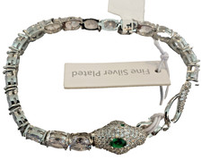 Fine Silver Plated Cubic Zirconia Snake w/Emerald Eyes Bracelet NWT