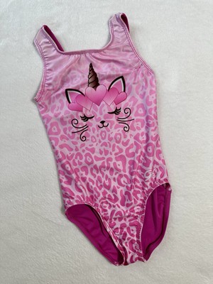 GK ELITE Leotard Gymnastics UNICORN KITTY Cat PINK Hearts SIZE: CM Child Medium