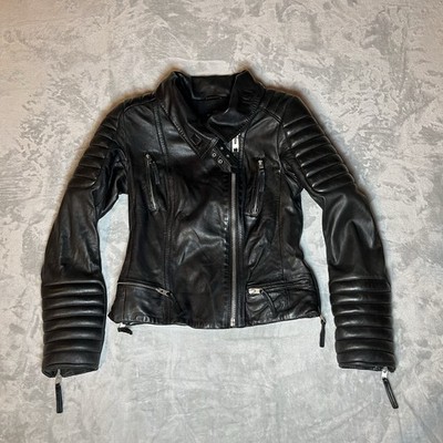 AllSaints Steine Biker Jacket Black Leather Moto Quilted Zip Women s US 2 EU 34