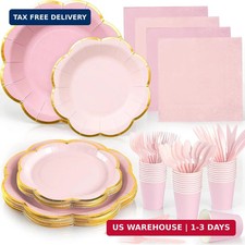 Pink Paper Plates and Napkins Party Supplies for 24 Guest, 168Pcs Pink Scalloped