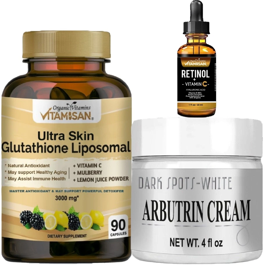 谷胱甘肽脂质体胶囊 + Arbutrin 美白霜 + 视黄醇维生素 C — 第 2/4 张图片