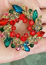 Beautiful 2 Layer Multicolor Crystal Rhinestone Wreath Brooch Pendant  2 inches