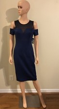 GUESS Women's Blue Cold-Shoulder Mesh Texture Sheath Dress Size 4