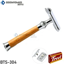 Long Wood Handle Men Classic Safety Razor Stainless Double Edge + Blades BTS-304
