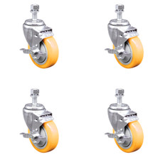 4 Inch SS Yellow Polyurethane Wheel Swivel 12mm Threaded Stem Caster Set Brake