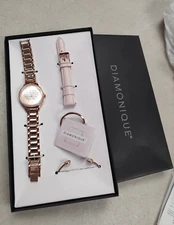 Diamonique Watch Set - 2 Rose Gold Tone Bezels (Plain or Rhinestones) - 2 Bands