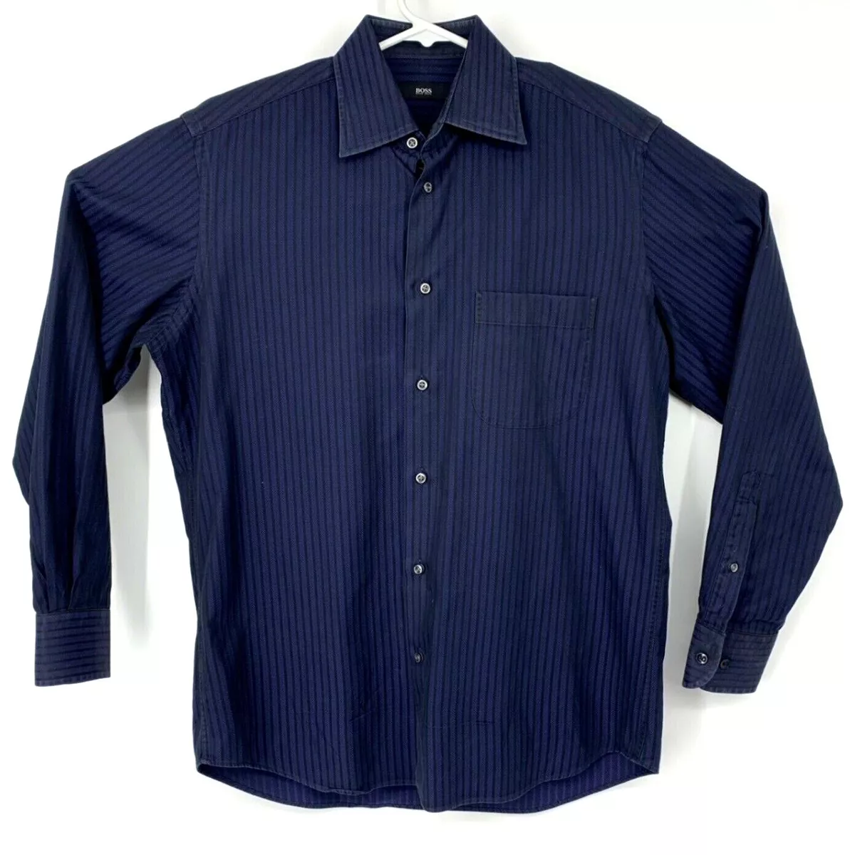 Hugo Boss Mens Blue Black Striped Long Sleeve Button Down Shirt Size 15 32 33