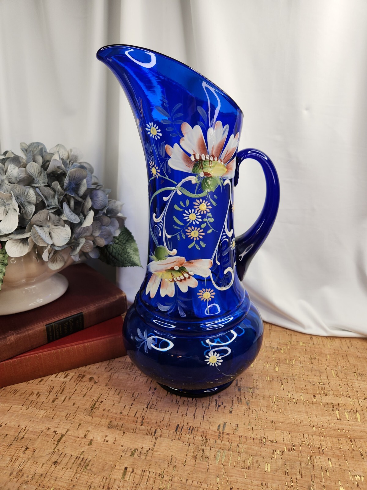 vintage-cobalt-blue-northwood-handpainted-glass-water-pitcher-ebay