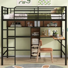 Full Size Loft Bed Metal Bed Frame w/ L Shaped Desk & Storage Shelf & Ladder